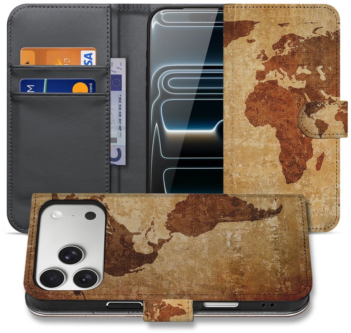 Book Case iPhone 17 Pro Max Wereldkaart Met Pasjes