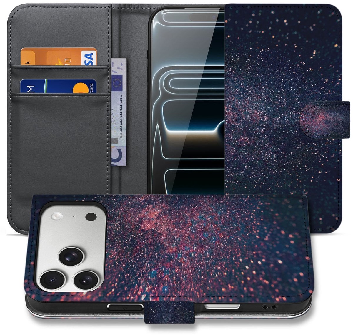 Book Case voor Book Case iPhone 17 Pro Max Paars Blauw Glitter Sterren