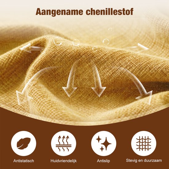 Close-up van gele chenillestof met pijlen die luchtstroom aangeven. Iconen: antistatisch, huidvriendelijk, antislip, stevig.