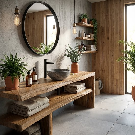Meuble de salle de bain en bois avec lavabo en pierre naturelle, robinet, bouteilles et plantes.