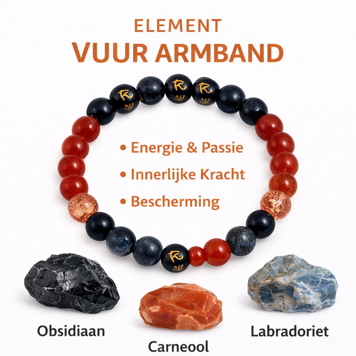 S4H - Element Vuur Armband – Obsidiaan, Carneool & Labradoriet | Kracht, Bescherming & Actie
