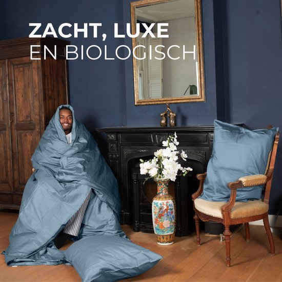 Wocha Dekbedovertrek Set - 100% Biologisch Katoen Satijn (300TC) - 200x200/220 - Blauw - Premium kwaliteit - Incl. 2 kussenslopen van Wocha — afbeelding 3