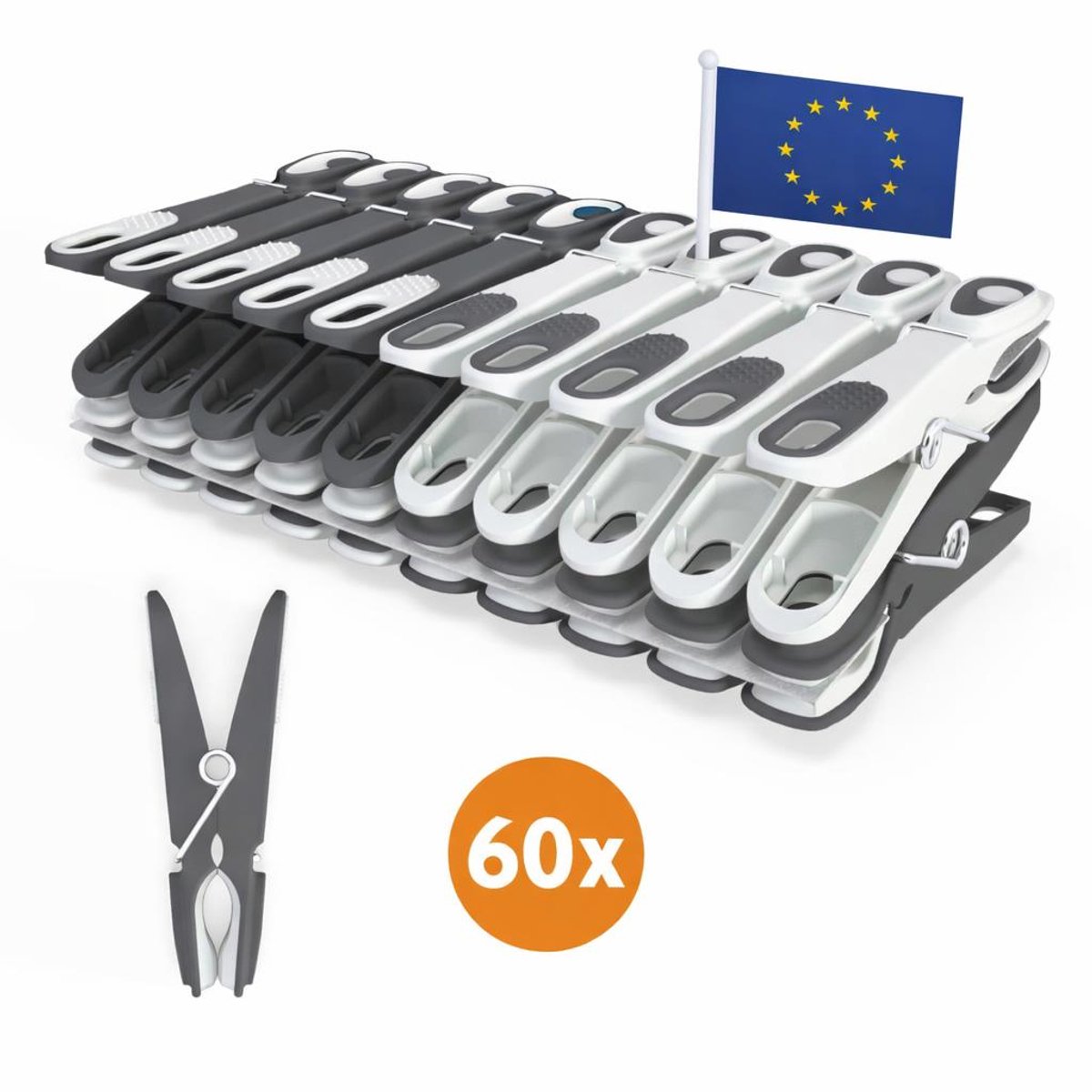 LaundrySpecialist Wasknijpers soft grip - Grijs/wit - 60 stuks - extra lang en stevig - Gemaakt van 85% gerecycled materiaal - wasknijpers plastic - wasknijpers kunststof - knijpers plastic - Made in EU