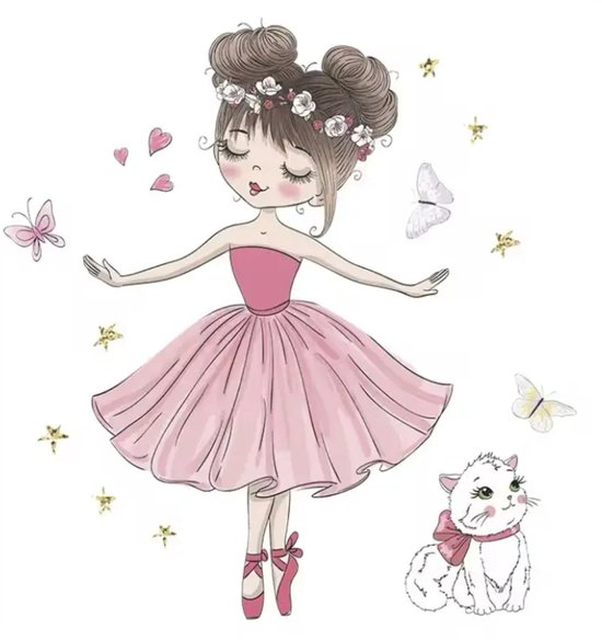 Muursticker 'Ballerina en Kat' - 57x60cm - Babykamer - Kinderkamer - Ballet - Poes - Zelfklevend PVC - Wand Decoratie Kind