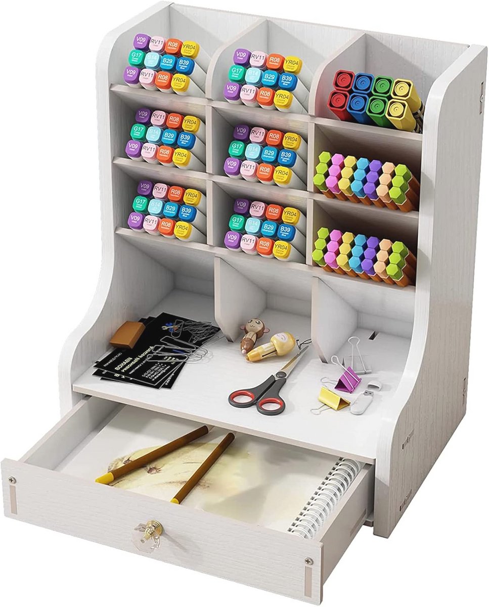 Multifunctionele Houten Bureau-organizer voor Thuis en Kantoor - Pennenhouder met Lade