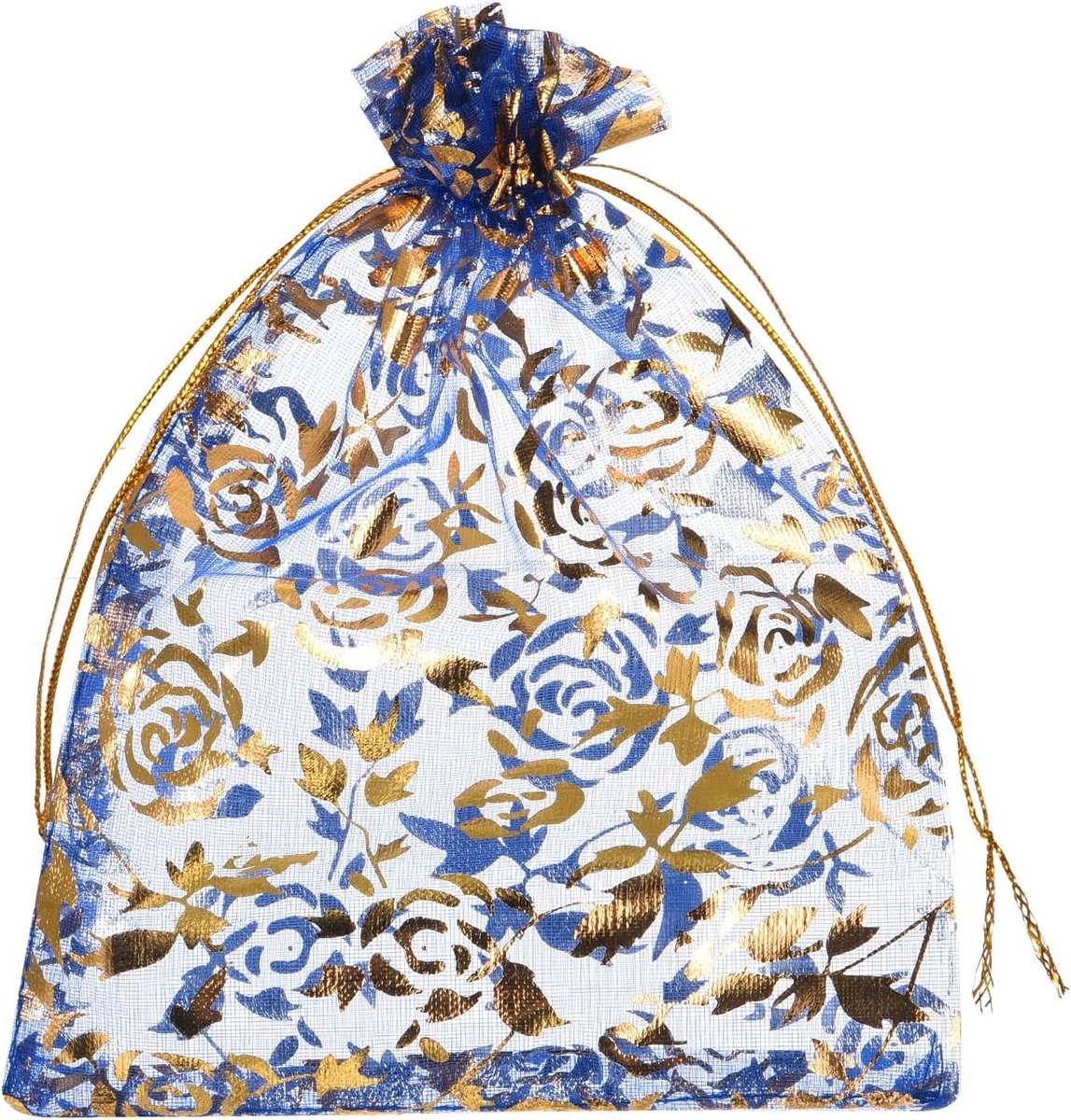 Allecta - Organzazakjes, 100 stuks, 13 x 18 cm, cadeauzakjes, sieradenzakjes, bloemenpatroon, mesh-zakjes met trekkoord voor bruiloft, feest, Kerstmis, snoep - blauw goud.