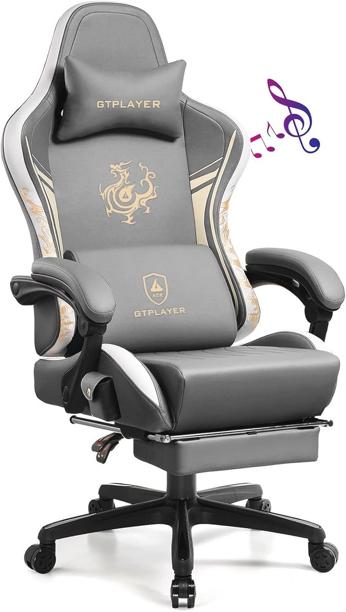 Ergonomische Gamingstoel met Bluetooth-luidsprekers en Voetensteun - Comfortabele Draaistoel voor Gamers - Grijs — afbeelding 3