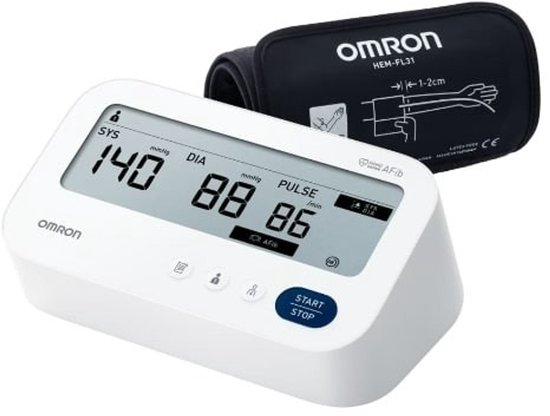 Witte Omron bloeddrukmeter met zwarte manchet, display toont 140/88/86
