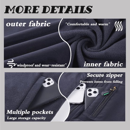 Details van een donkerblauwe bodywarmer, focus op buitenstof, binnenstof, ritsen en zakken.
