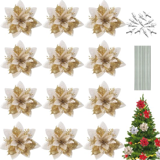 STOBOK Kerst glitter kerstster kunstbloemen: 12 stuks glitter kerstbloemen kerstboomversiering voor kransen slinger feestdagfeest, kerstdecoratie rood (rood