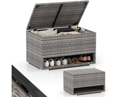 COSTWAY Tuinbox met schoenenrek, polyrotan opbergbox, weerbestendig, met beschermliner en deksel, 186 liter kussenbox, opbergdoos voor tuin, terras, balkon, 95 x 60 x 58 cm (grijs)