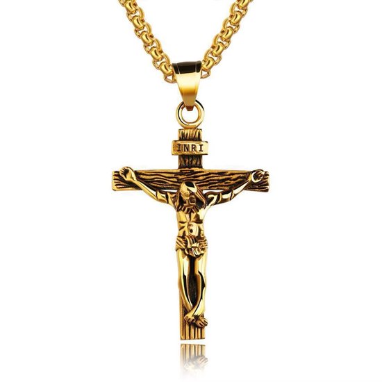 Collier croix doré avec Jésus crucifié et inscription 'INRI'.