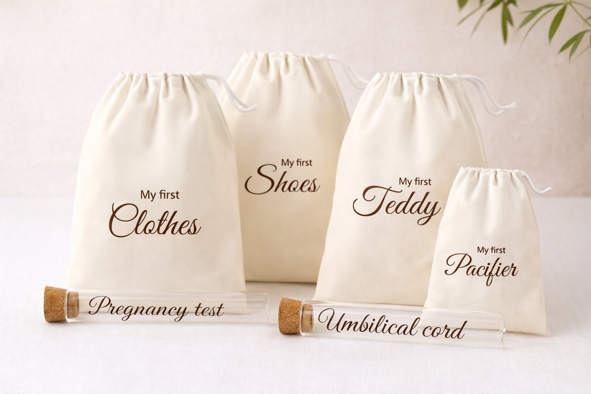 Keepsake Set – 6 Pieces | First Teddy | First Clothes | First Shoes | First Pacifier | Pregnancy Test | Umbilical Cord | Baby Memories