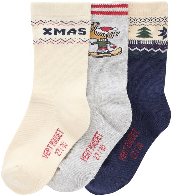 Drie paar sokken in wit, grijs en donkerblauw met kerstmotieven en Vertbaudet-logo op de zool.