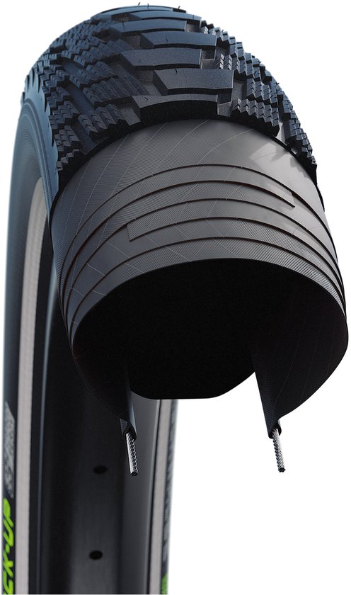 Zwarte Schwalbe Pick-Up fietsband met een grof profiel en een groen logo op de zijkant.