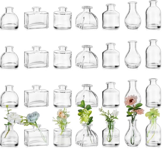 IMPERATORIS® Glazen Vazen / Glazen Flessen – Mini Decoratieve Vaas Flesjes – Helder Glas – Inclusief Strik – 28 Stuks – 5.4 x 2.4 x 6.4 cm – Transparant