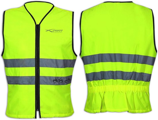 Set van twee felgele veiligheidshesjes. Eén met rits en logo 'XPRO evolution', de ander toont de achterkant. Beide met reflecterende strepen.
