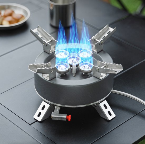 Een krachtige vijfpits gasbrander voor kamperen en picknicken in de bergen, geschikt voor koken en barbecueën, en een butaangasbrander. — afbeelding 3