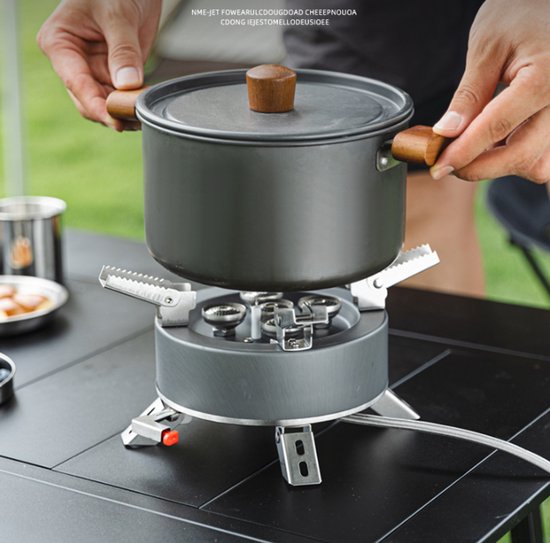 Een krachtige vijfpits gasbrander voor kamperen en picknicken in de bergen, geschikt voor koken en barbecueën, en een butaangasbrander. — afbeelding 2