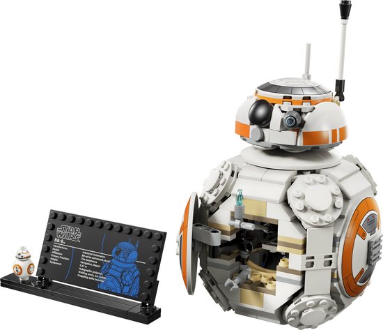 Grand BB-8 LEGO avec un côté qui s'ouvre et un petit BB-8 sur un présentoir.