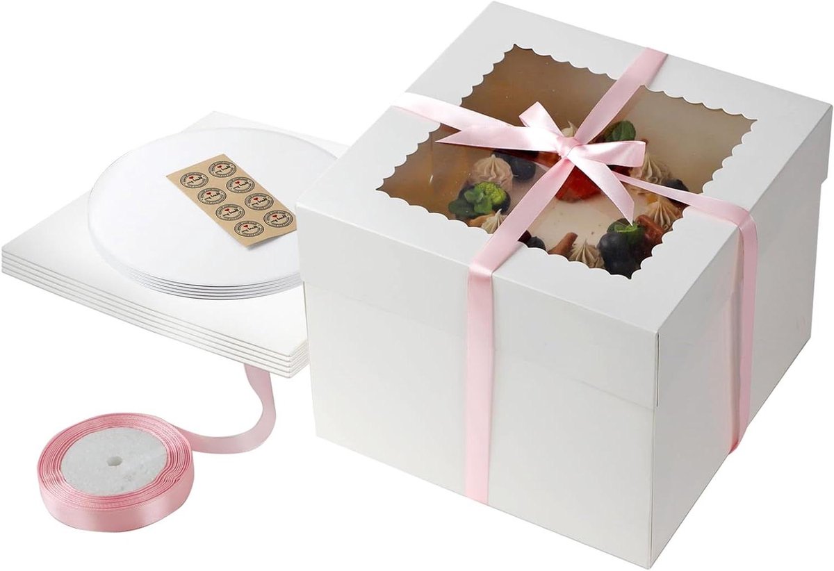 Allecta - Set van 5 witte vierkante taartboxen met roze stickers - Voor verjaardagen, feesten, bruiloften, jubilea