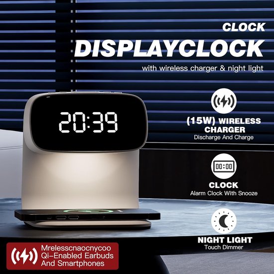 Draadloze snellader - digitale wekker - intelligente lamp uit de hoofdeinde van het bed - drie kleuren -huiskamer - hoofdeinde - nachtlamp voor zware slapeloosheid - verstelbare nachtlamp - wit van Merkloos — afbeelding 3