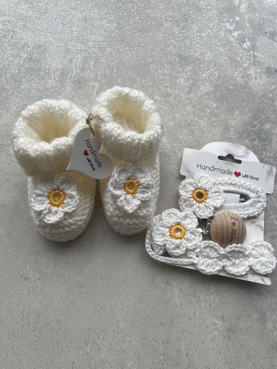 Maminobaby.nl baby geschenkset meisjes - Gebreid Babyslofjes - Handgemaakte Speenkoord en haarclip - Kraamcadeu - Babyshower — afbeelding 2