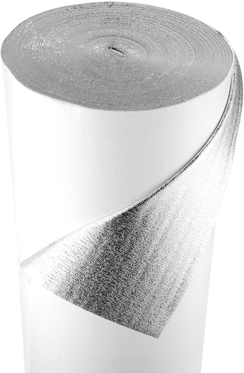 Isolatiefolie - Thermische isolatierol - Dikte 3 mm EPE-schuimkern - Warmtewerende reflectiefolie - Aluminiumfolie + PE-folie - Afmeting 122 cm x 76,2 m - Zilver