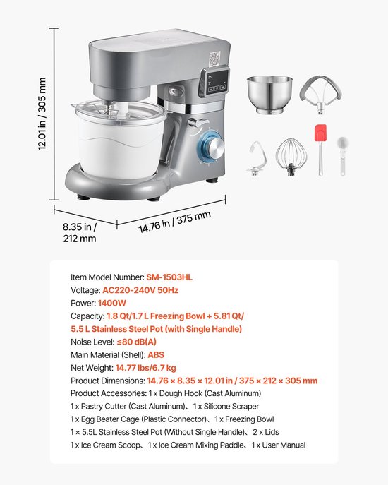 Keukenmixer - Staande Mixer - 6 Snelheden - LED-Display - Timer - Roerpeddel & Deeghaak - Spatbescherming - 1400W - Grijs — afbeelding 2