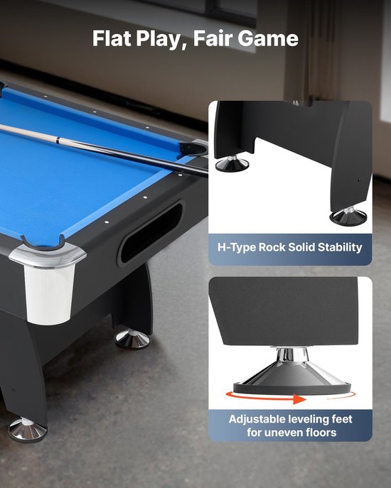Pooltafel - Biljarttafel - Lengte 213 cm - Verstelbare Poten - Complete Set met Ballen, Keuen, Triangel, Krijt en Borstel - Voor Speelkamer/Recreatieruimte - Zwart met Blauw Laken van Merkloos — afbeelding 2