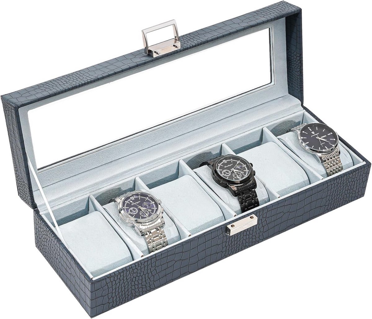 Horlogebox met 6 compartimenten en glazen deksel, opbergbak voor horloges, hoogwaardige faux leren opslagbox, blauw