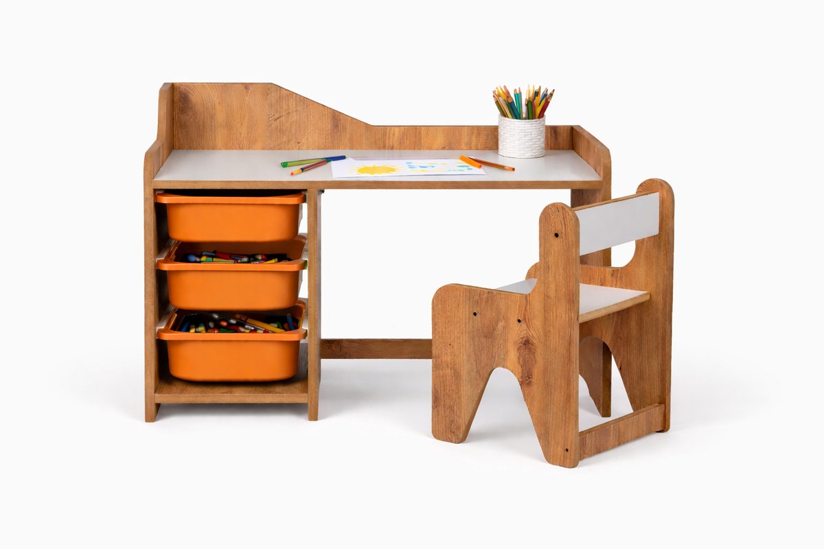 WoodWorks Kinderbureau met stoel – MDF hout – Kindertafel inclusief 3 oranje plastic lades – Walnoot/Wit – Voor kinderen 2-6 jaar