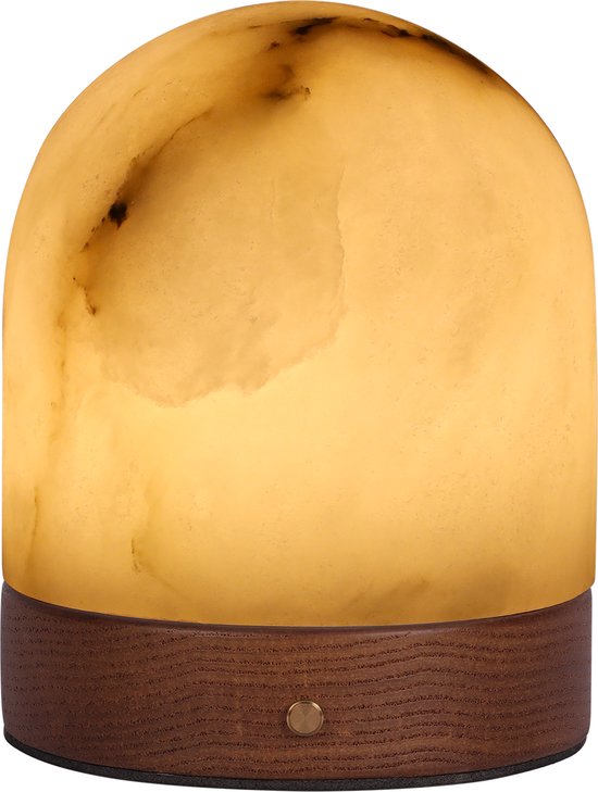 Atmooz Edmonto Tafellamp Oplaadbaar – H12 cm – compacte LED tafel lamp binnen – decoratieve tafellamp voor dressoir of tafel – geïntegreerde LED 3000K – eikenfineer voet met alabaster kap – moderne sfeerlamp – bruin