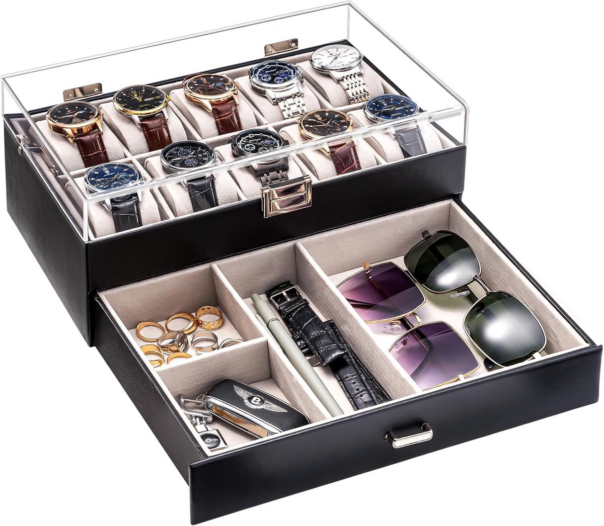 Heren Horloge Box met 10 Compartimenten en Lade - Horloge Opbergdoos met Deksel - Zwart