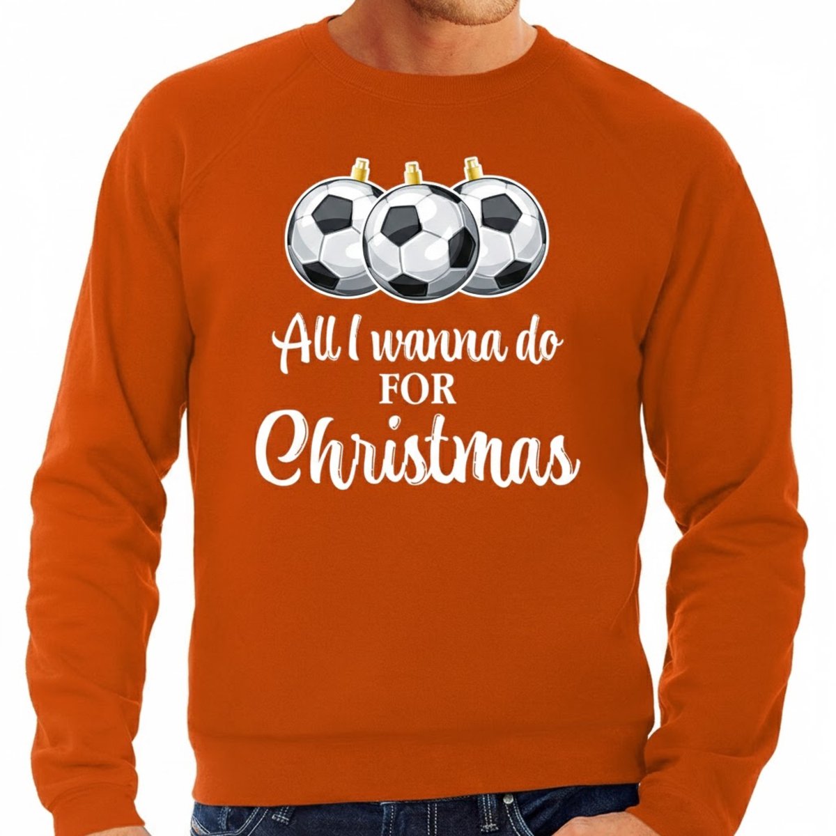 Bellatio Decorations Foute Kersttrui / sweater voor heren - voetbal Kerstbal - All I wanna do - oranje M