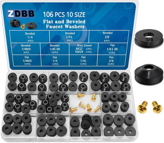 ZDBB 106-delige Kraanringenset – Platte En Afgeschuinde Ringen, Messing Schroeven, 10 Maten, Voor Keuken- En Badkamer Kranen, Slijtvast Neopreen Rubber