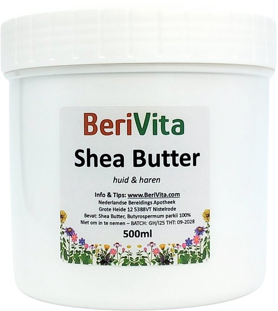 Witte pot Berivita Shea Butter, 500ml, met bloemenrand en informatie over huid en haar.