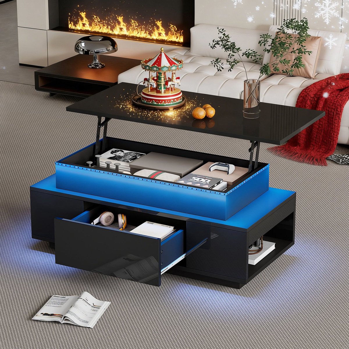 REDOM Salontafel 96x45x40 cm van spaanplaat, verstelbaar blad met opbergruimte en 16-kleur LED