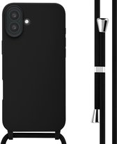 Zwarte siliconen telefoonhoes met een verstelbaar koord van gevlochten stof en zilveren details.