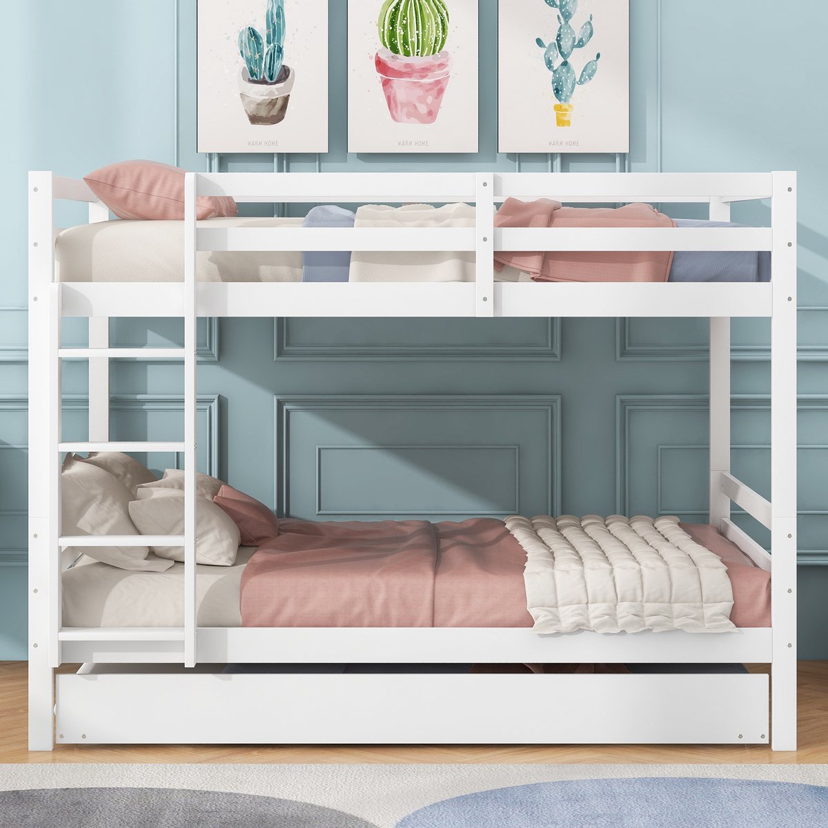 Wishdor Stapelbed 140x200 cm - Met Uitschuifbed & Trap - Hoge Veiligheidshekken - Flexibel & Veilig - Grenen & MDF - Wit