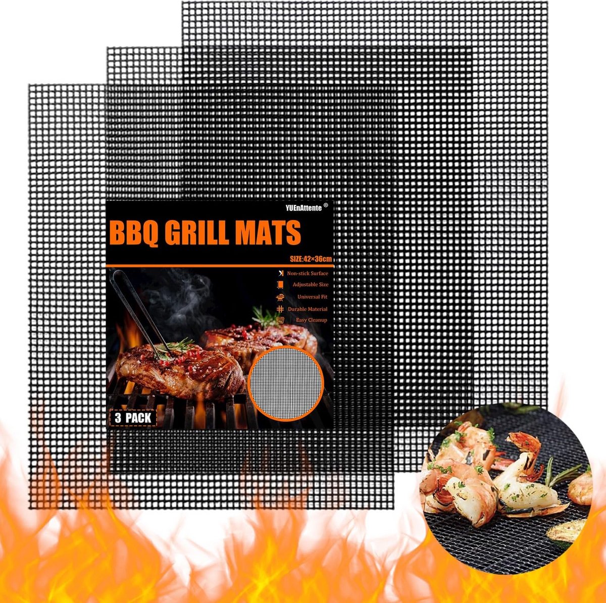 Grillmat Set van 3 - 42 x 36 cm - Herbruikbare Antiaanbak Grillmat voor Gasgrill, Houtskool, Elektrische Grill, Luchtfriteuse en Oven