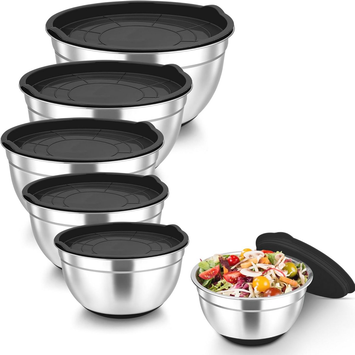 Stapelbare RVS Saladekommen met Deksel - 6-delige Set voor Koken en Bakken