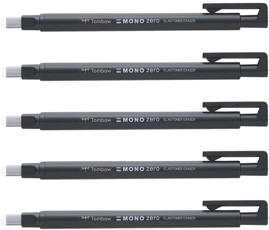 Vijf zwarte navulbare "Tombow MONO ZERO ELSTOMER ERASER" gumstiften met vierkante, witte gum.