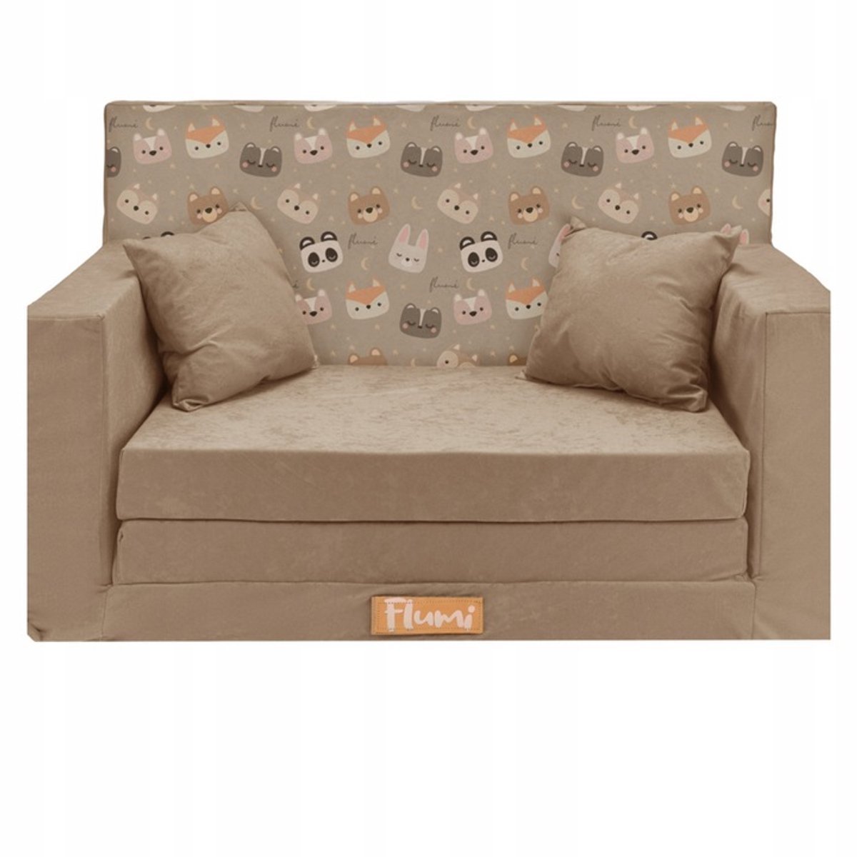 Flumi opvouwbare mini kindersofa – zachte kinderbank met uitklapfunctie en afneembare hoes, beige + berenmotief