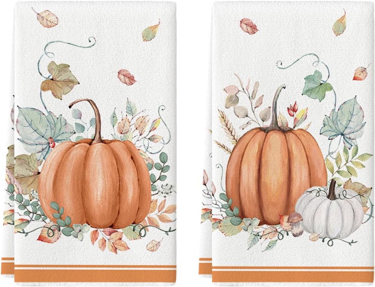 Watercolor pompoenen en bladeren theedoeken set van 2 – Herfst keuken decoratie