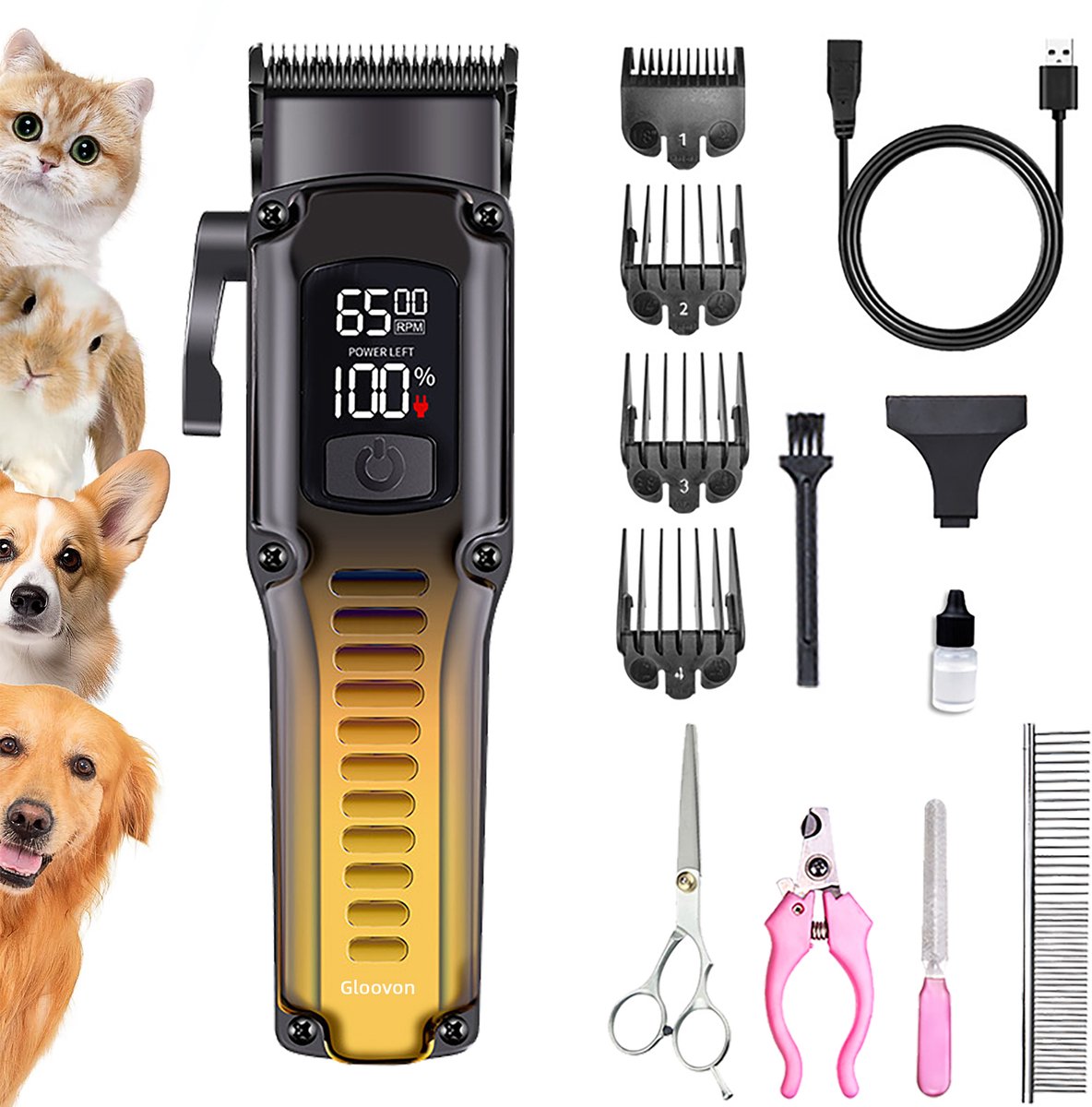 Gloovon® - Hondentondeuse - Draadloos & Fluisterstil - 3 uur werktijd - 4 Snelheden - Honden Trimset - Draadloos en met snoer te gebruiken - Zwart-Goud Gradient
