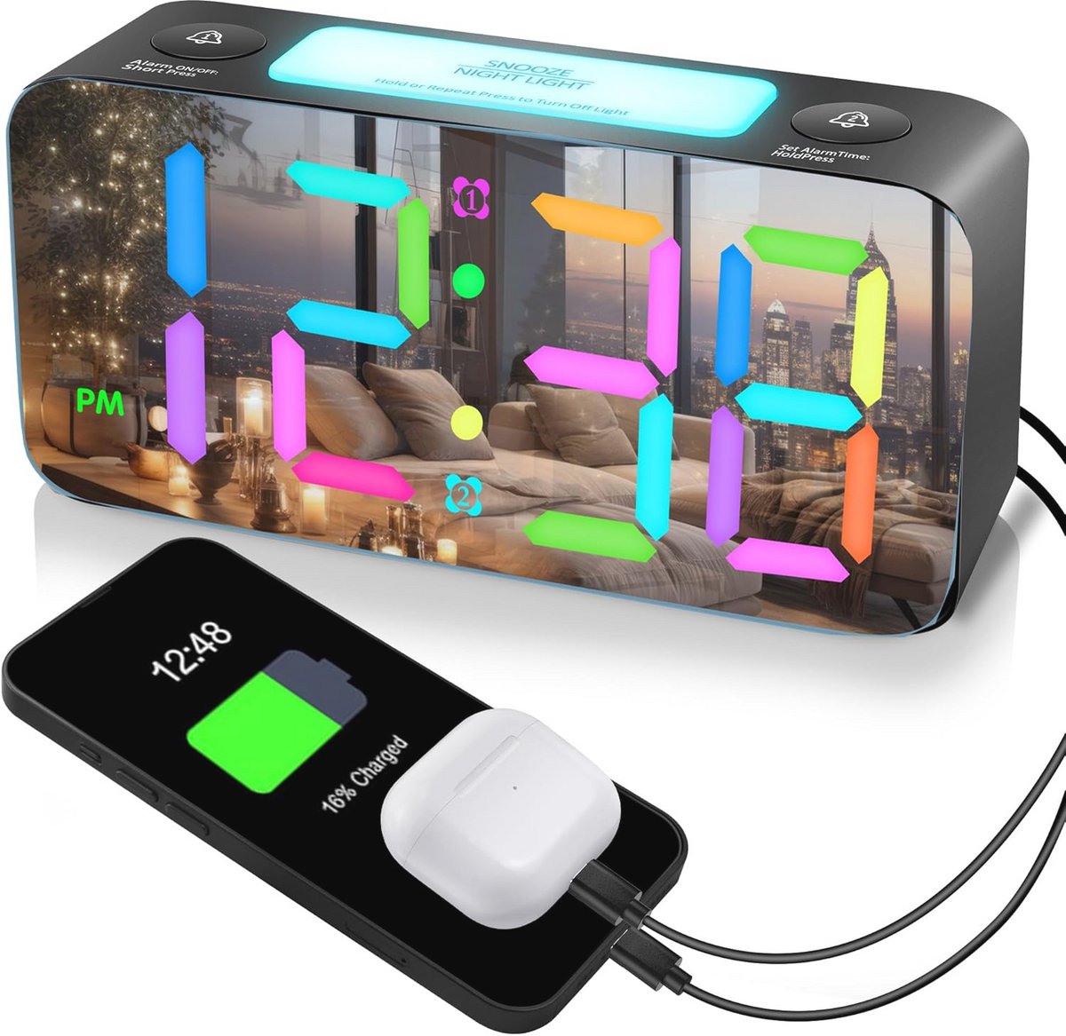 Dynamische RGB Spiegelwekker met 2 Alarmen en USB Oplader