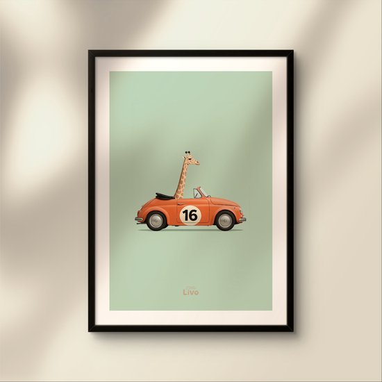 Affiche enfants - Little Livo - Girafe en auto Vintage - 30 cm x 40 cm - 250 g/m2 papier - Finition mate - Décoration murale