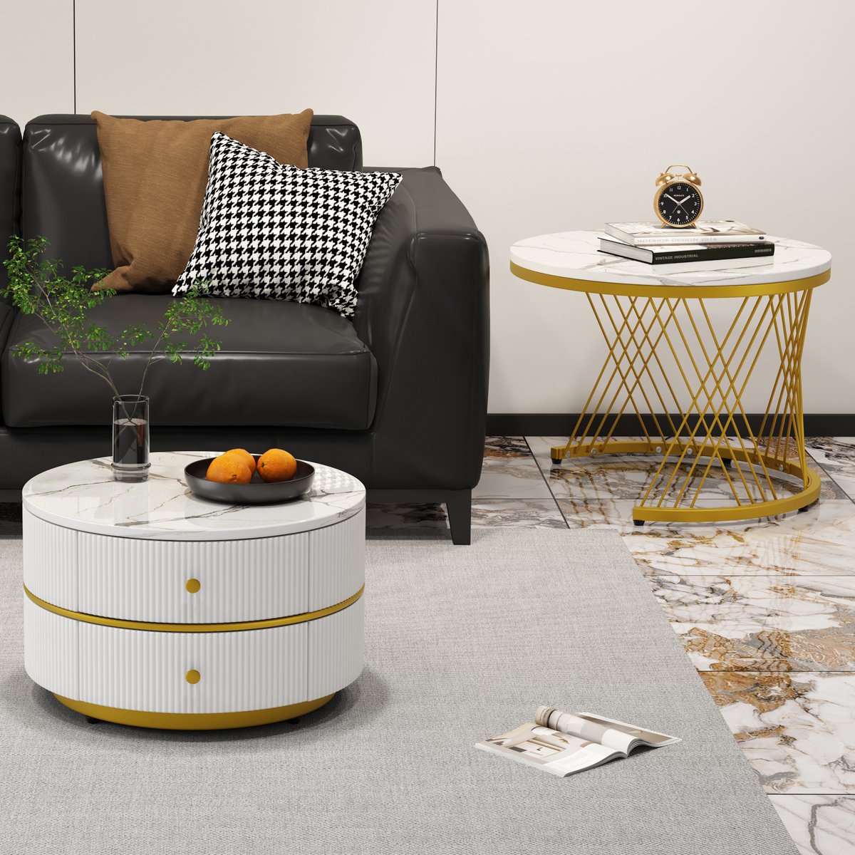 Tweedelige set - koffietafelset - nestbaar ontwerp - 60x60x46 cm en 50x50x30,8 cm - rond - tafelblad met marmerlook - met 2 laden - goud