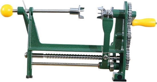 Groene sinaasappelschiller met gele handvatten en een tandwielmechanisme.